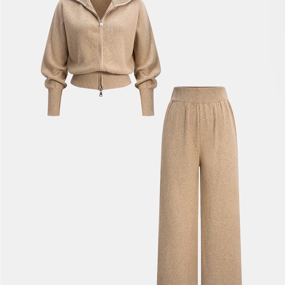 Commense Khaki Knitted Zip-Up Jacket and Wild-Leg Pant Set Size Medium